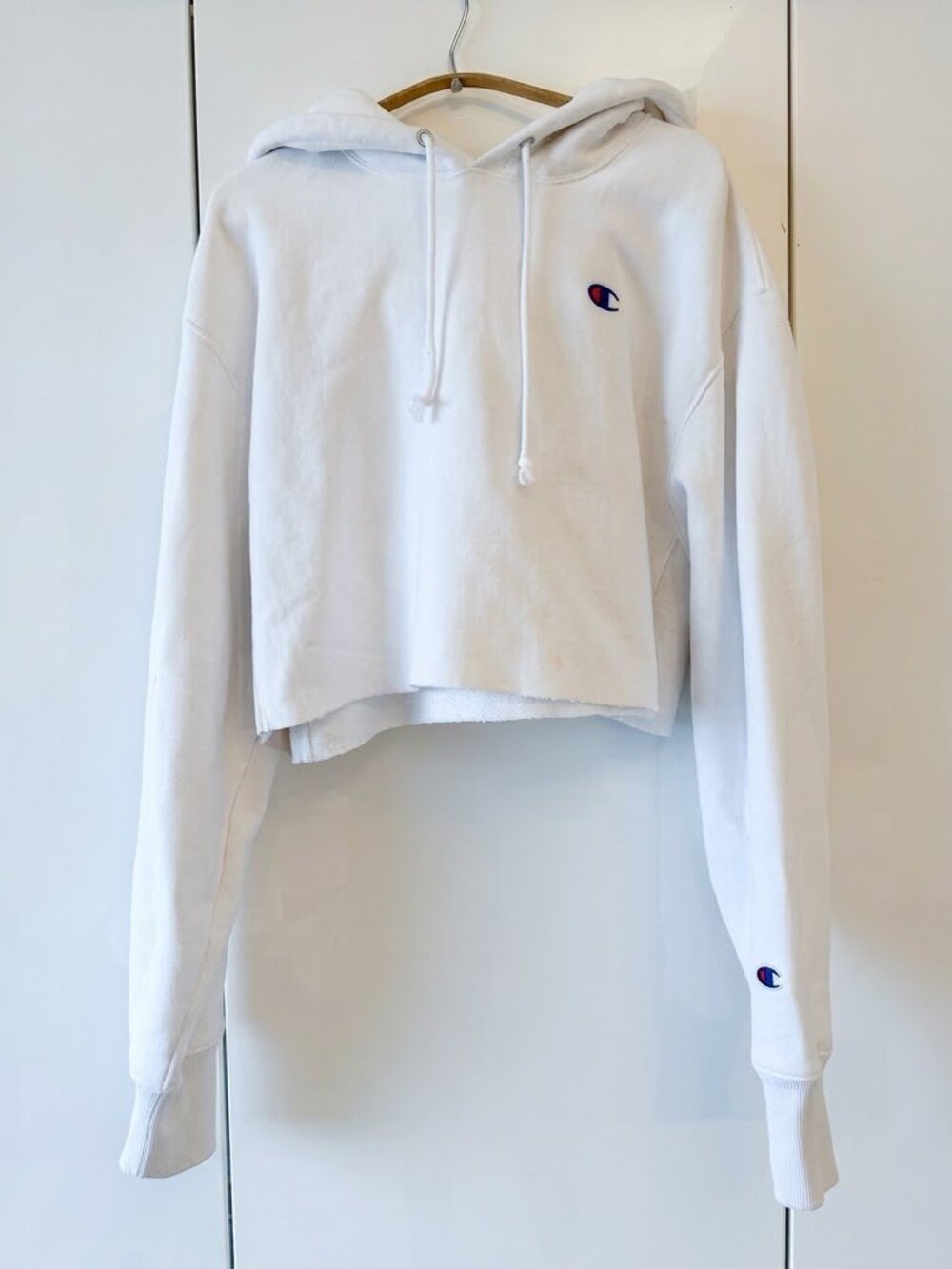 Champion Reverse Weave Cropped Hoodie White Embroidered C Logo Sz L